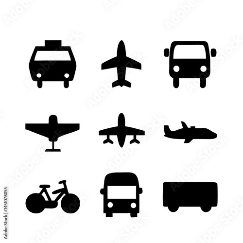 Vector illustration of simple monochromatic vehicle and transport related icons.Transportation and vehicle icons pack. Isolated transportation and vehicle symbols collection. Graphic icons element
