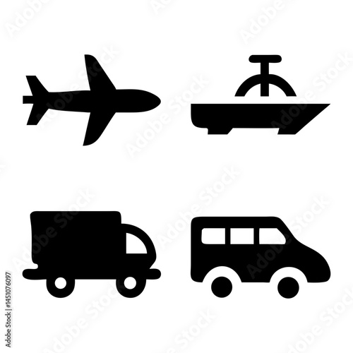 Vector illustration of simple monochromatic vehicle and transport related icons.Transportation and vehicle icons pack. Isolated transportation and vehicle symbols collection. Graphic icons element
