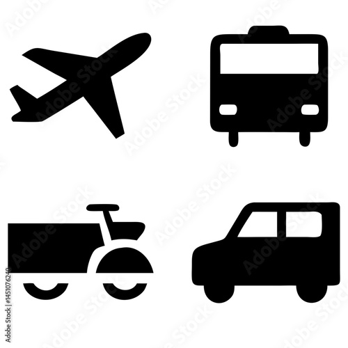 Vector illustration of simple monochromatic vehicle and transport related icons.Transportation and vehicle icons pack. Isolated transportation and vehicle symbols collection. Graphic icons element
