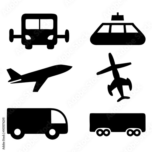 Vector illustration of simple monochromatic vehicle and transport related icons.Transportation and vehicle icons pack. Isolated transportation and vehicle symbols collection. Graphic icons element
