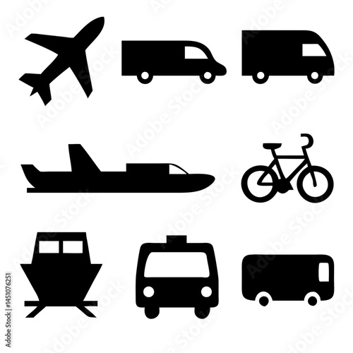 Vector illustration of simple monochromatic vehicle and transport related icons.Transportation and vehicle icons pack. Isolated transportation and vehicle symbols collection. Graphic icons element
