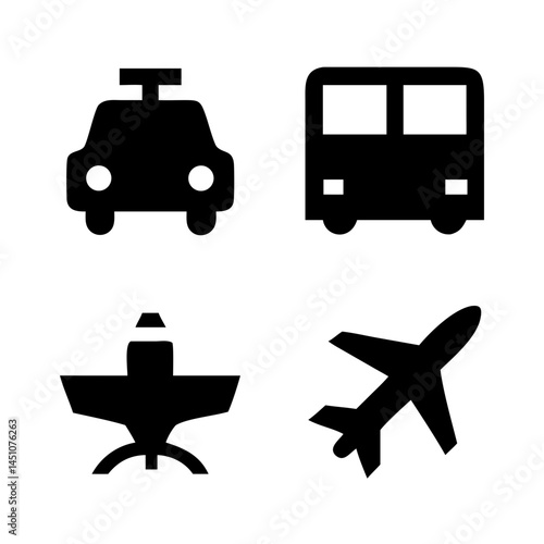 Vector illustration of simple monochromatic vehicle and transport related icons.Transportation and vehicle icons pack. Isolated transportation and vehicle symbols collection. Graphic icons element
