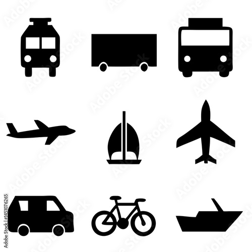 Vector illustration of simple monochromatic vehicle and transport related icons.Transportation and vehicle icons pack. Isolated transportation and vehicle symbols collection. Graphic icons element
