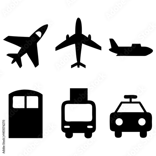 Vector illustration of simple monochromatic vehicle and transport related icons.Transportation and vehicle icons pack. Isolated transportation and vehicle symbols collection. Graphic icons element
