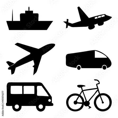Vector illustration of simple monochromatic vehicle and transport related icons.Transportation and vehicle icons pack. Isolated transportation and vehicle symbols collection. Graphic icons element
