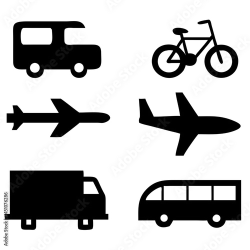 Vector illustration of simple monochromatic vehicle and transport related icons.Transportation and vehicle icons pack. Isolated transportation and vehicle symbols collection. Graphic icons element
