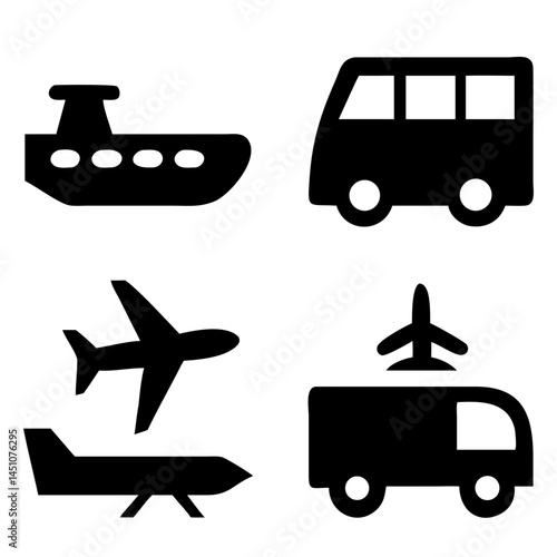 Vector illustration of simple monochromatic vehicle and transport related icons.Transportation and vehicle icons pack. Isolated transportation and vehicle symbols collection. Graphic icons element
