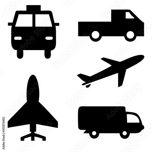 Vector illustration of simple monochromatic vehicle and transport related icons.Transportation and vehicle icons pack. Isolated transportation and vehicle symbols collection. Graphic icons element
