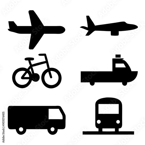 Vector illustration of simple monochromatic vehicle and transport related icons.Transportation and vehicle icons pack. Isolated transportation and vehicle symbols collection. Graphic icons element
