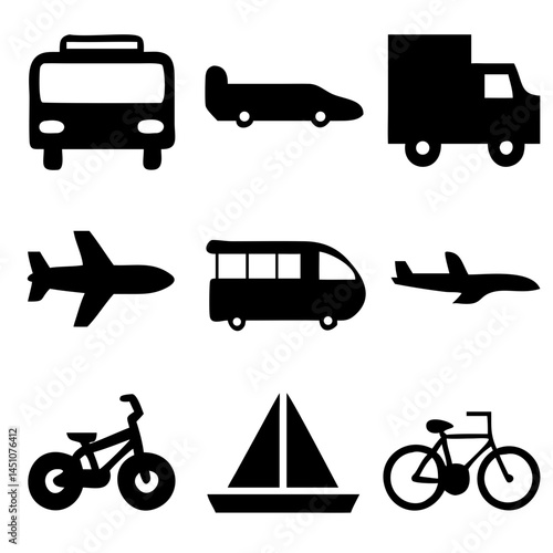 Vector illustration of simple monochromatic vehicle and transport related icons.Transportation and vehicle icons pack. Isolated transportation and vehicle symbols collection. Graphic icons element
