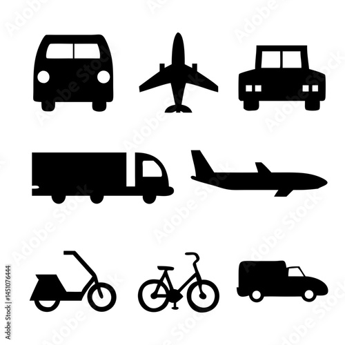 Vector illustration of simple monochromatic vehicle and transport related icons.Transportation and vehicle icons pack. Isolated transportation and vehicle symbols collection. Graphic icons element
