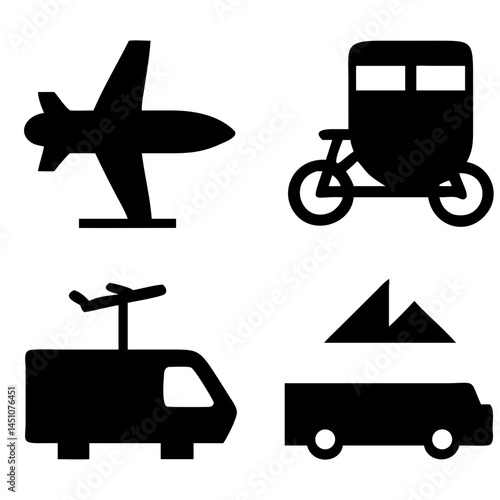Vector illustration of simple monochromatic vehicle and transport related icons.Transportation and vehicle icons pack. Isolated transportation and vehicle symbols collection. Graphic icons element
