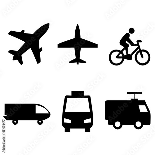 Vector illustration of simple monochromatic vehicle and transport related icons.Transportation and vehicle icons pack. Isolated transportation and vehicle symbols collection. Graphic icons element
