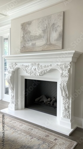 Elegant white fireplace with intricate carvings beneath abstract artwork in a bright living room setting. The scene is bathed in natural light.