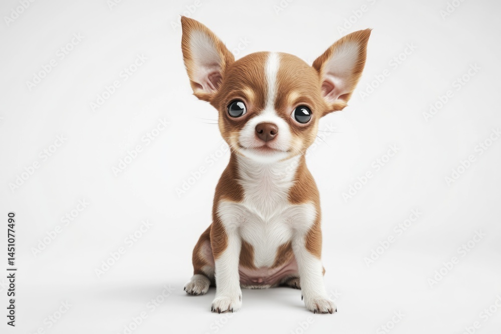 A small, brown and white Chihuahua puppy with big, expressive eyes sits against a clean, white backdrop. A small, brown and white Chihuahua puppy with big, expressive eyes sits against a clean, white backdrop.