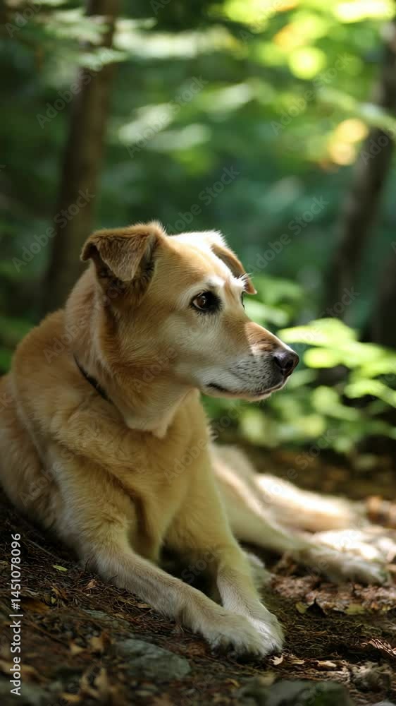 Gentle tan dog lying on the forest floor amongst autumn leaves basking in sunlight during a hike on a summer afternoon Gentle tan dog lying on the forest floor amongst autumn leaves basking in sunlight during a hike on a summer afternoon