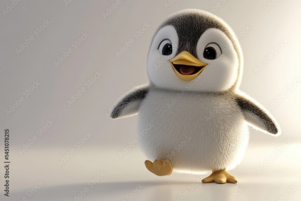 Fototapeta premium A charming 3D render showcases a delightful baby penguin with fluffy feathers, sparkling eyes, and a cheerful smile, set against a soft backdrop.