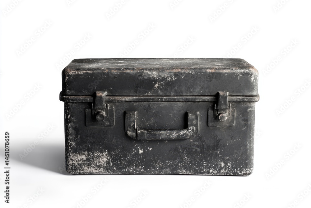 Fototapeta premium A weathered, black, rectangular metal toolbox sits isolated on a white background, showing signs of age and usage with wear and stains.