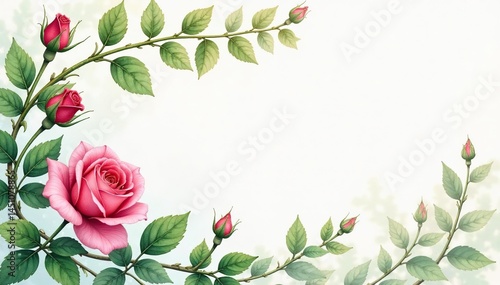 Delicate watercolor rose buds, climbing vines, lush green leaves , illustration, buds, white