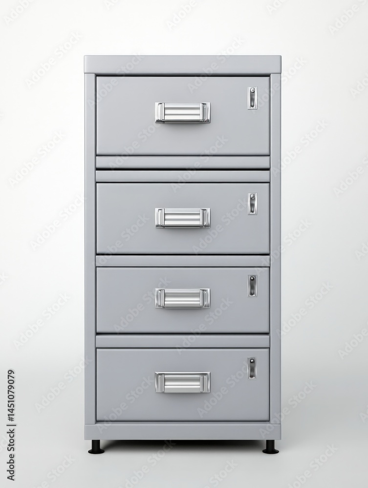 Upright gray metal cabinet with four drawers each featuring a silver handle and keyhole against a white background Upright gray metal cabinet with four drawers each featuring a silver handle and keyhole against a white background