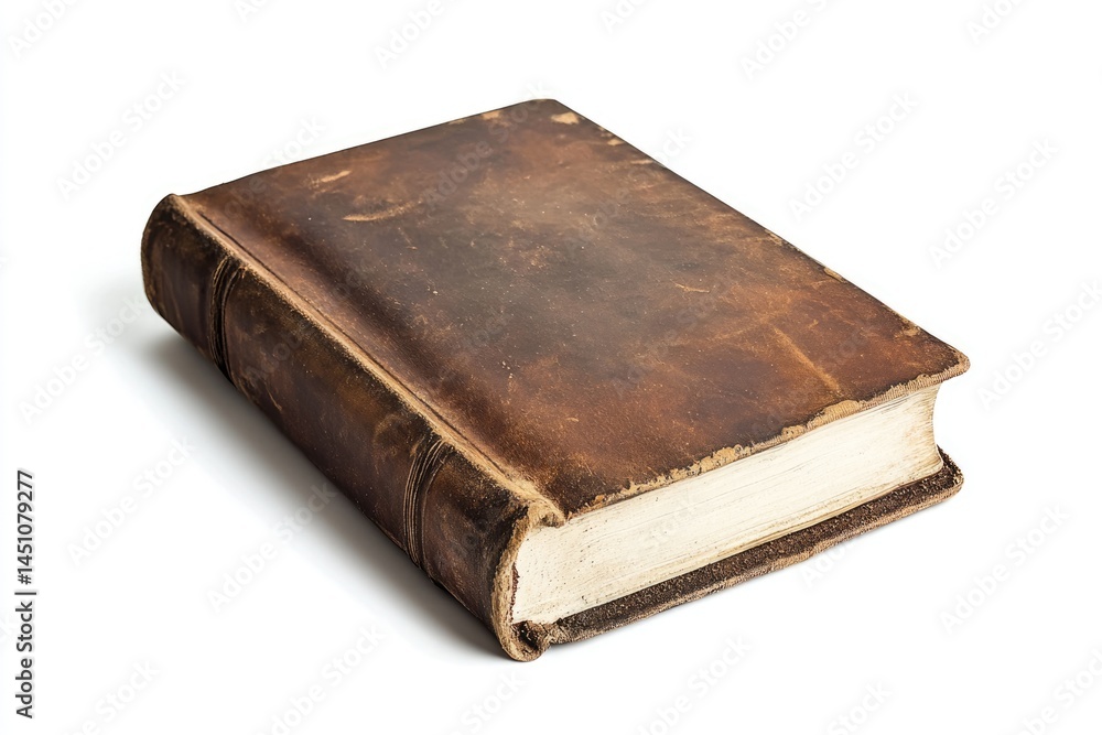 A well-worn, antique leather-bound book rests on a white surface, showing signs of age and careful handling. A well-worn, antique leather-bound book rests on a white surface, showing signs of age and careful handling.