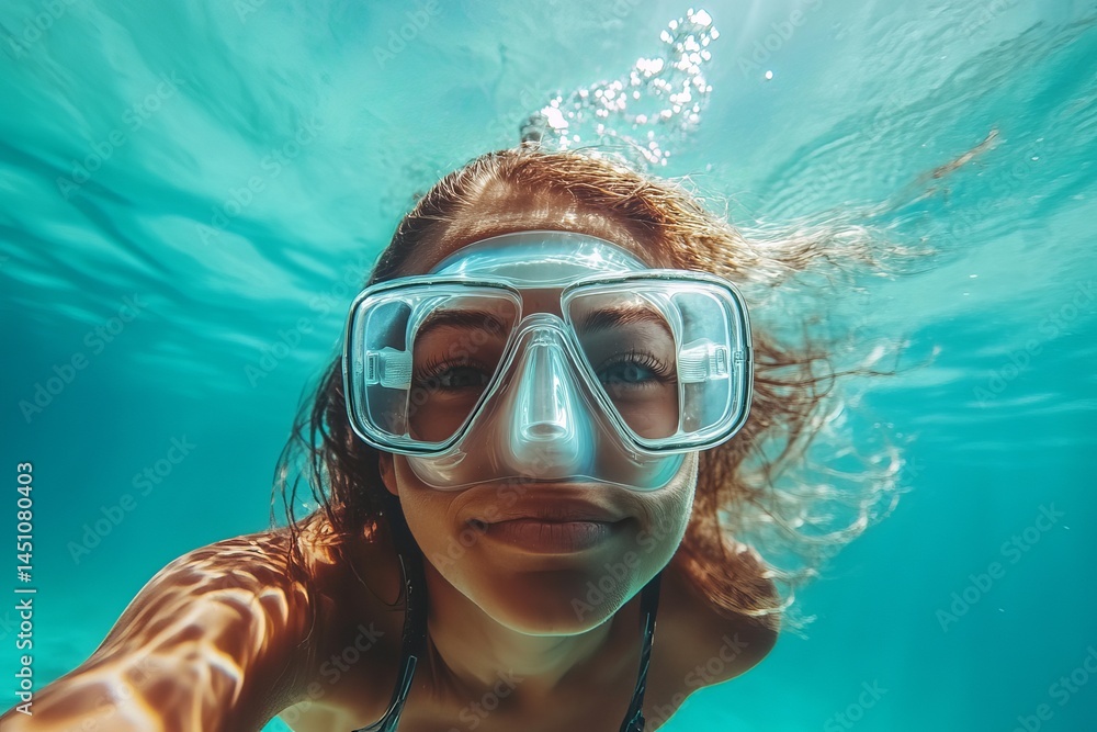 Fototapeta premium Underwater Woman Snorkeling Dive Mask Ocean Girl Summer Teal Turquoise Blue Water Activities Happy Smiling Face Sea Beach Vacation Tropical Relaxation Underwater Photography Azure 