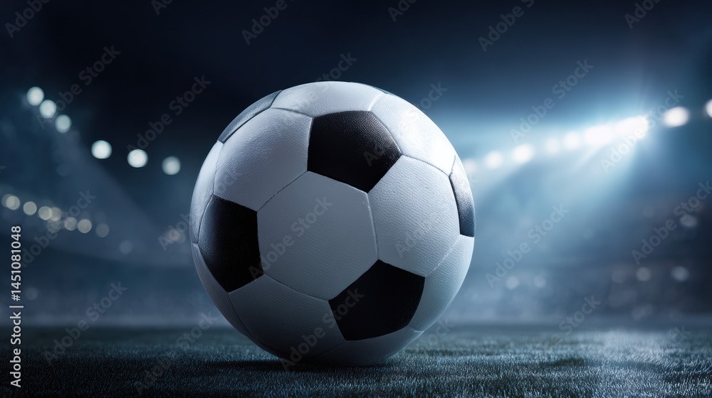Naklejka premium A black and white soccer ball sits in the center of a stadium bathed in bright spotlights, creating a dramatic atmosphere for the upcoming match on the field.