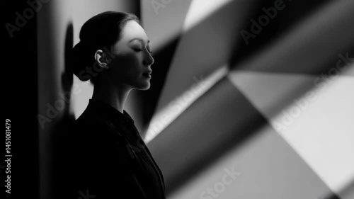 Monochrome side profile of a young woman standing with eyes closed against geometric backdrop in a studio. Serene and stylish black and white portrait.