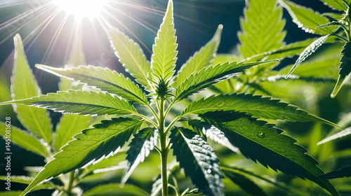 Closeup of a cannabis plant with water droplets on the leaves glistening in the sunlight