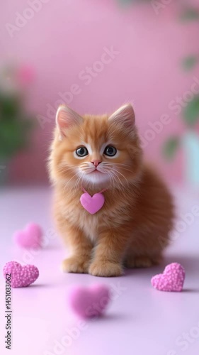 Adorable ginger kitten wearing a heart necklace surrounded by pink hearts.