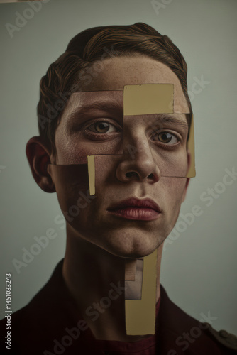 Conceptual portrait of a young man with fragmented facial structure, symbolizing identity, duality, and psychological complexity, ideal for artistic editorial and design visuals.
