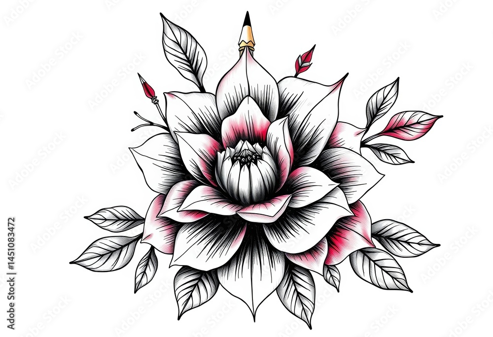 Obraz premium Pencil-drawn floral tattoo design, charcoal shading, white background, floral, concept