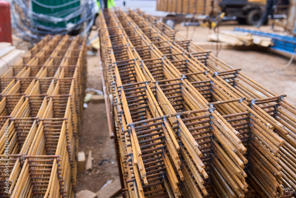 Construction Site Featuring Metal Framework, Various Tools, and Building Activities