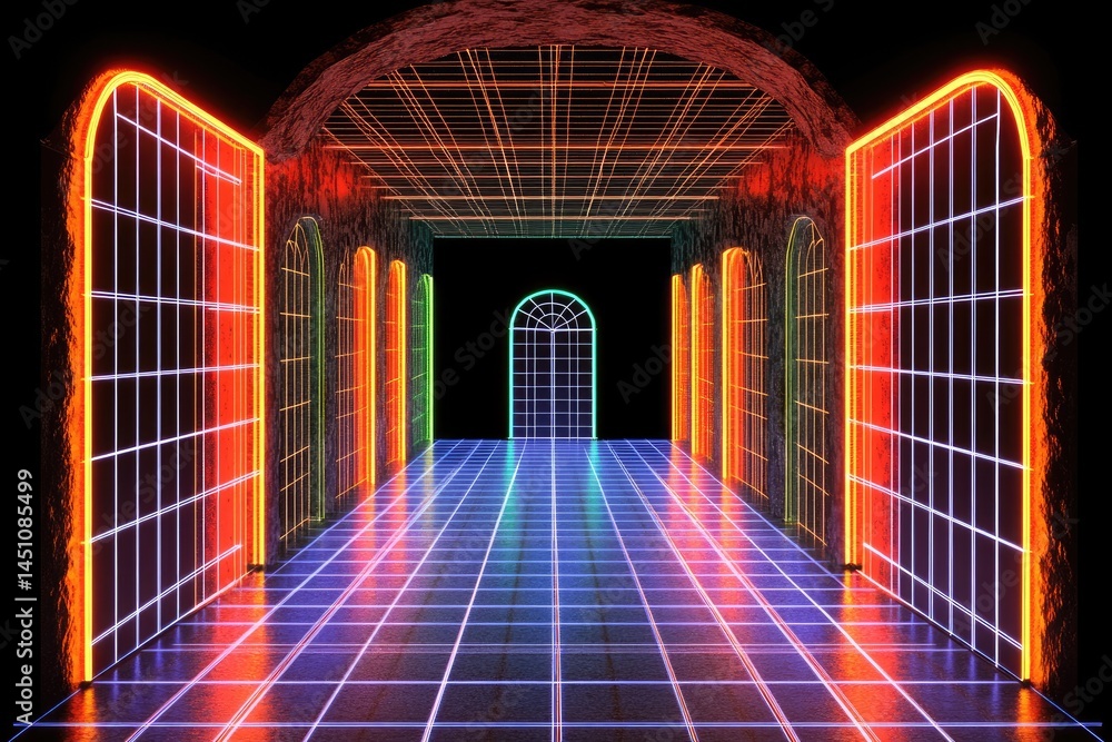 Fototapeta premium Neon-lit arched corridor with gridded floor. Colorful glowing doors and arches create a futuristic, retro atmosphere