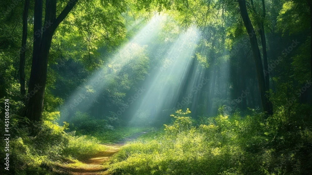 Sunbeams Illuminating a Mystical Forest Path Sunbeams Illuminating a Mystical Forest Path