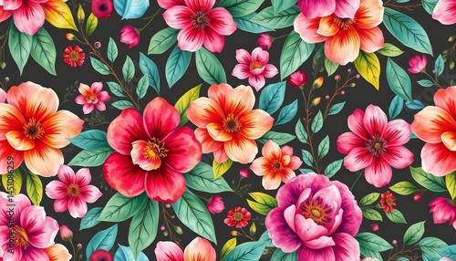 Seamless watercolor floral pattern; vibrant blooms, leaves, line art texture, background, wrapping paper, textile, wallpaper, foliage, line art