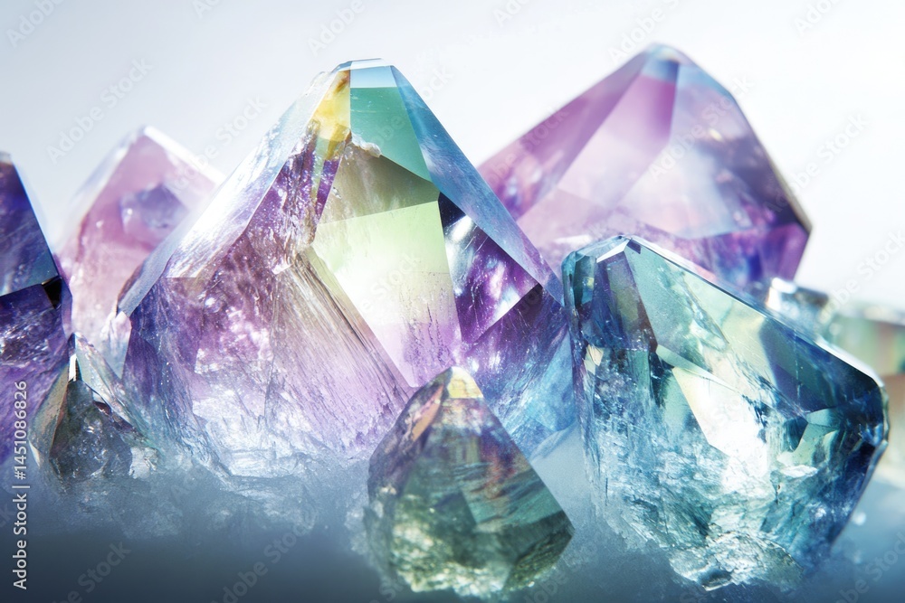 Macro shot showcases vibrant, multifaceted crystal formations in hues of blue, green, and purple against a soft, diffused white background. Macro shot showcases vibrant, multifaceted crystal formations in hues of blue, green, and purple against a soft, diffused white background.