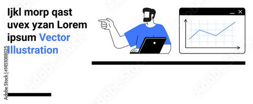 Male professional pointing at rising graph on screen next to laptop, symbolizing data presentation, analysis, growth, planning, education, collaboration, leadership. Ideal for flat landing page