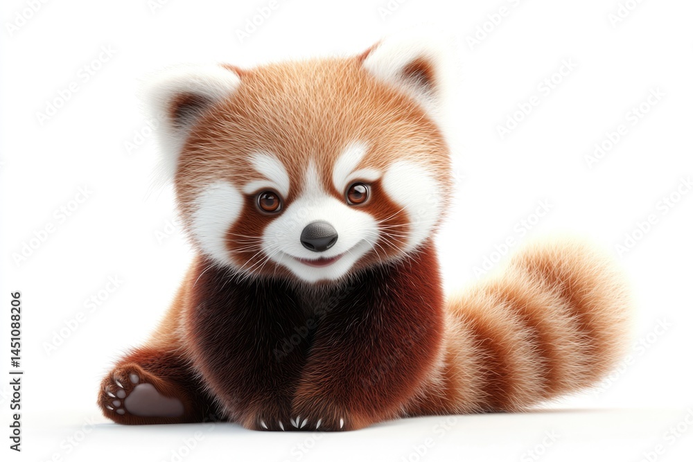 Fototapeta premium A charming red panda cub sits attentively against a clean white background, looking adorable with its fluffy fur and endearing eyes.