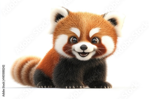 A cheerful red panda cub with vibrant fur and a playful expression sits on a white background.
