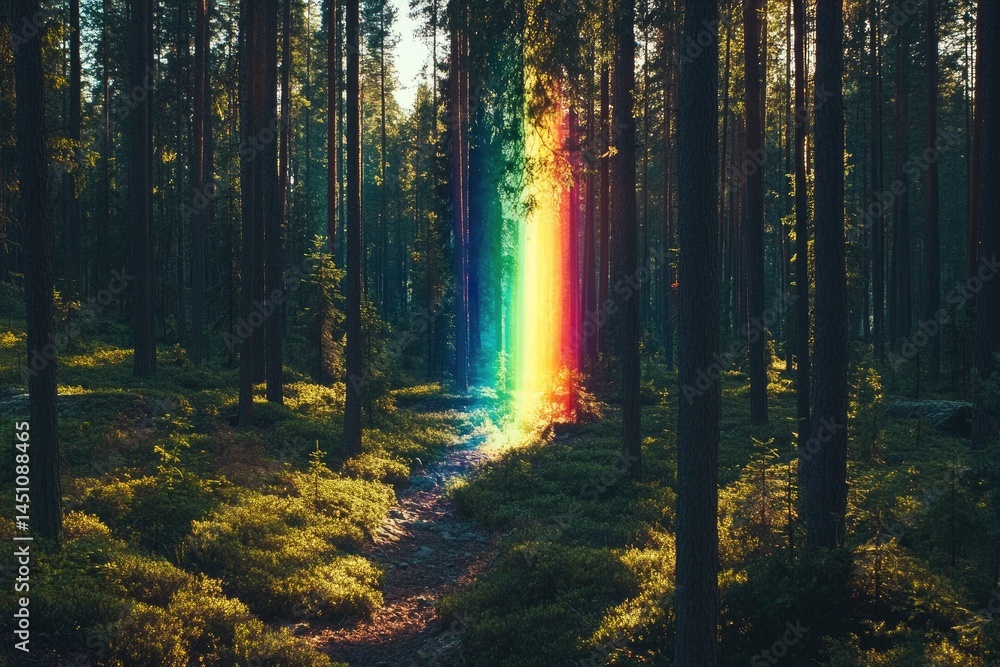 Obraz premium A vibrant rainbow pierces a sunlit forest path, casting a colorful glow. Dense trees line the path, creating a mystical atmosphere