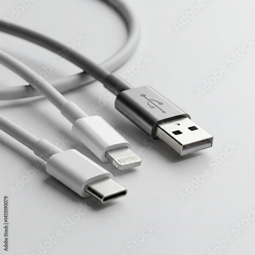 Close-up of USB-A, Lightning, and USB-C connectors on gray and white cables against a light background.
