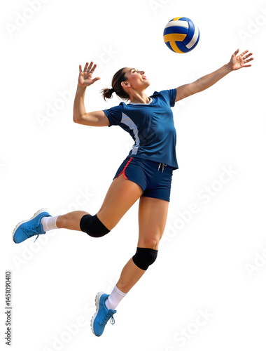 Pro female volleyball athlete mid-jump doing a midair smash on a ball