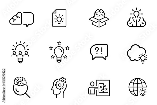 Idea line editable vector icon set. Icons related to creative idea, brainstorming, solution, thinking, innovation, prototype, Design, idea generation, agile, revolution, invention etc. 