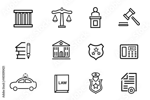 Justice and law line editable vector icons set. Icons related to investigation, law, judgment, criminal, justice law, court legal, lawyer, criminal, prison, authority, defense  etc. 