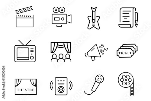 Arts line editable vector icons set. Icons related to painter, design, brush, construction, museum, poems, picture, writing, film, paintbrush, creative, music, theatre and tv. 