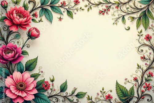 Intricate floral damask, swirling vines & leaves , retro, motif