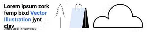 Simplistic tree, shopping bags, and cloud illustration conveying retail, eco-consciousness, nature, and cloud computing. Ideal for sustainability, e-commerce, weather apps education modern art