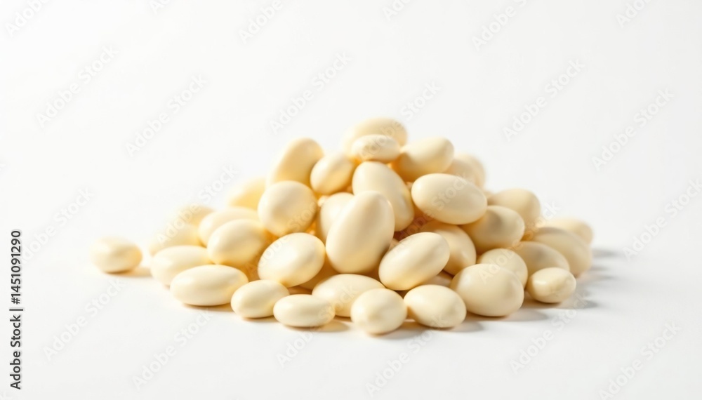 Pile of white beans against a stark white backdrop, bright, simple Pile of white beans against a stark white backdrop, bright, simple