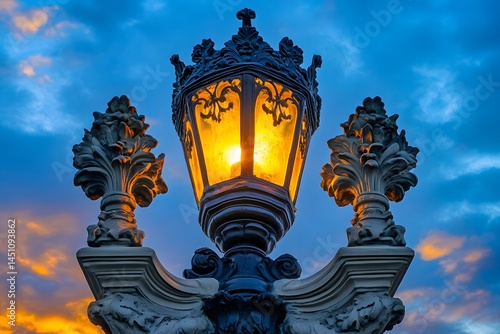 Ornate Street Lamp at Dusk, Illuminated, Golden Hour Light